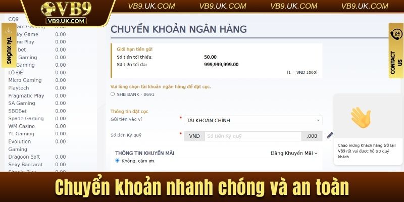 Chuyển khoản là phương thức an toàn tại VB9