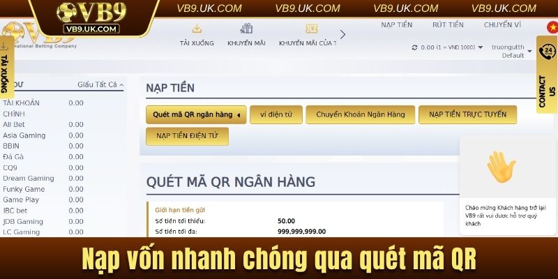 Thêm vốn nhanh chóng qua quét OR ngân hàng